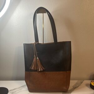 Boho Black and Brown Large Faux Leather Tassel Tote Bag